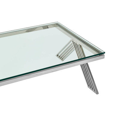 Piermount clear glass silver legs coffee table, close up view