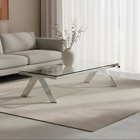 Piermount clear glass silver legs coffee table, front view