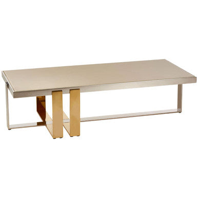 Demas glass coffee table gold silver base, close up view 1