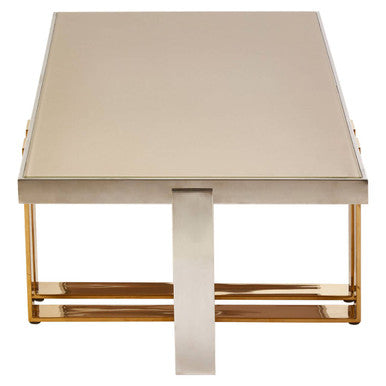 Demas glass coffee table gold silver base, close up view 2