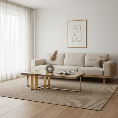 Demas glass coffee table gold silver base, styled living room