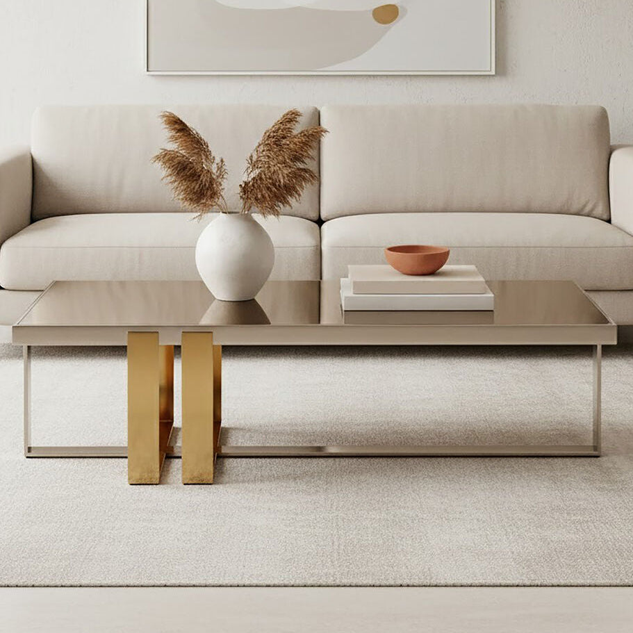 Demas glass coffee table gold silver base, front view