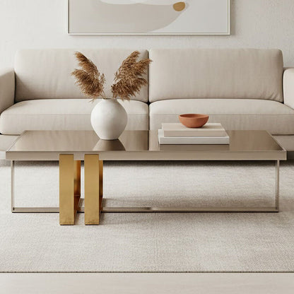 Demas glass coffee table gold silver base, front view