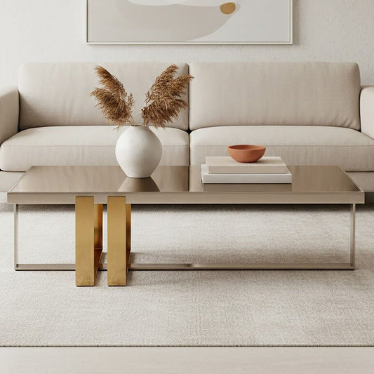 Demas glass coffee table gold silver base, front view