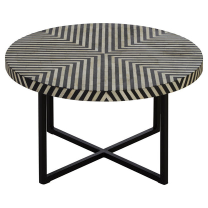 Boho bone inlay metal cross base coffee table, front view
