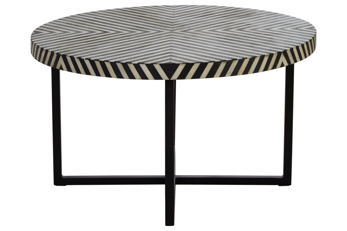 Boho bone inlay metal cross base coffee table, side angle