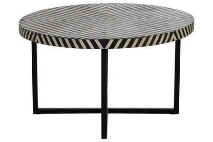 Boho bone inlay metal cross base coffee table, side angle