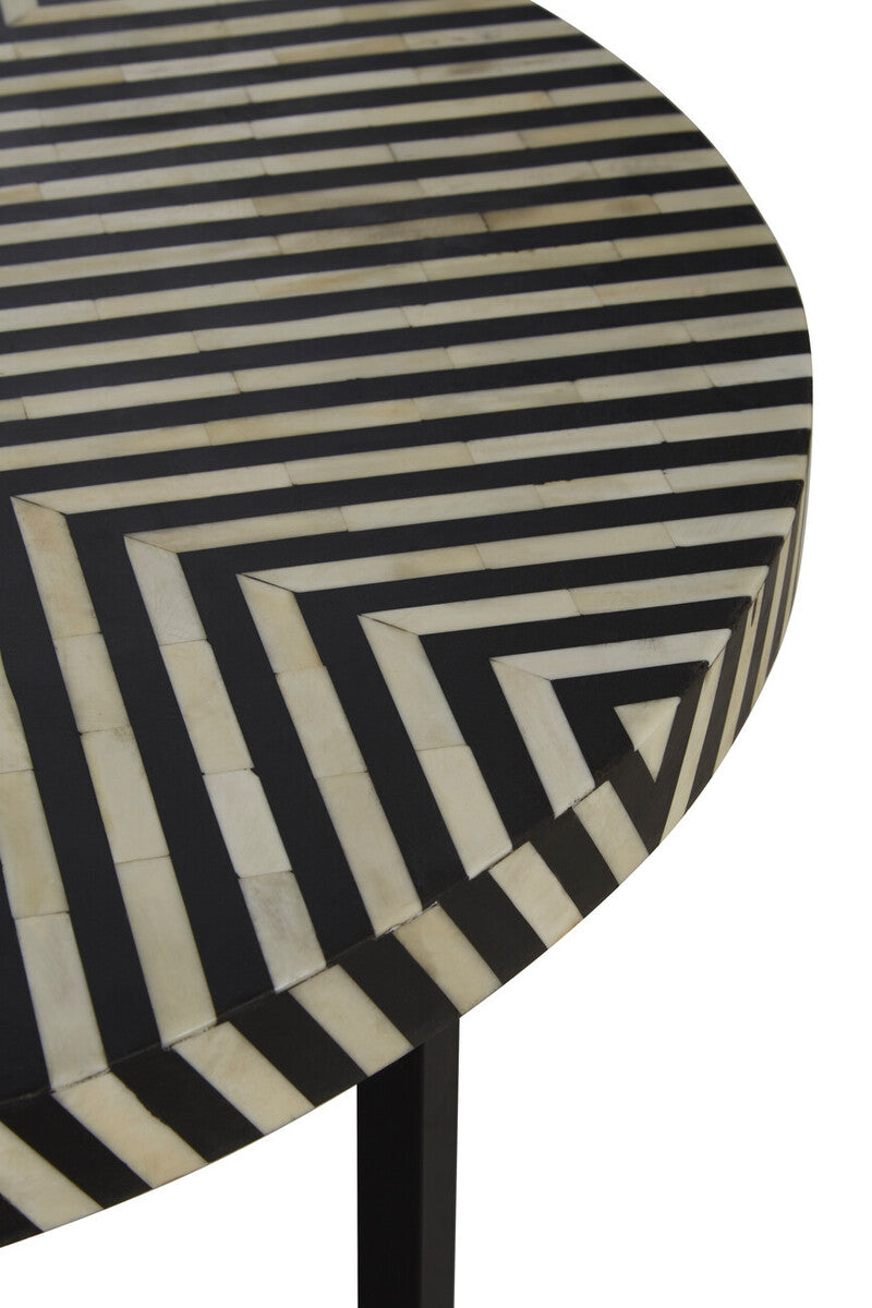 Boho bone inlay metal cross base coffee table, close up view 1