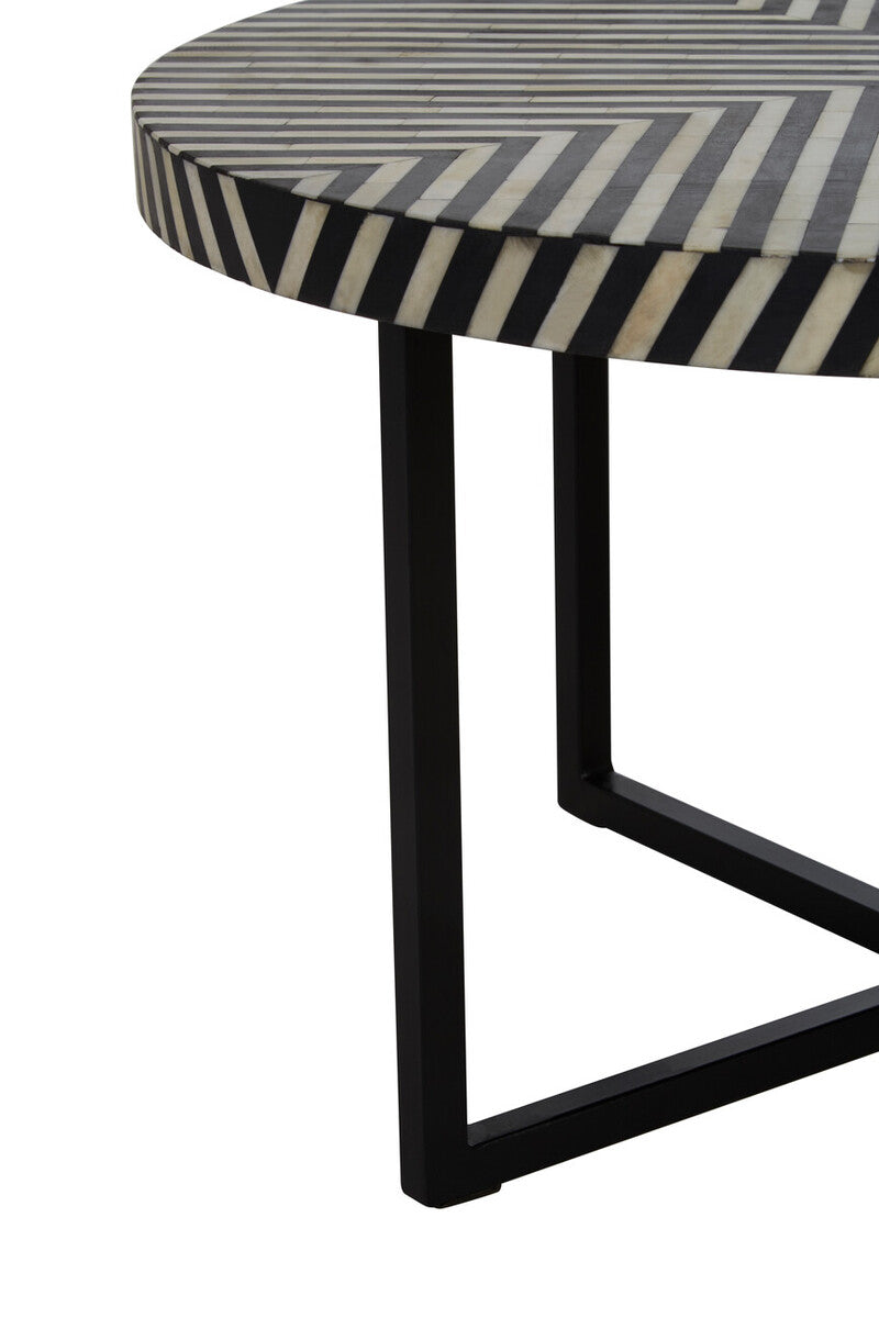 Boho bone inlay metal cross base coffee table, close up view 2
