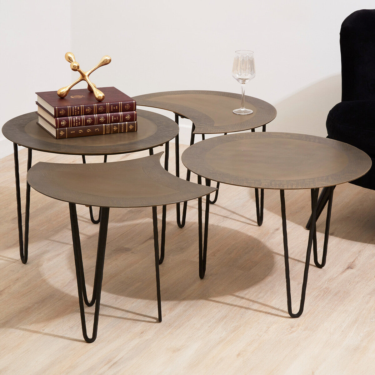 Rany antique brass finish set of 4 coffee tables, styled living room 1