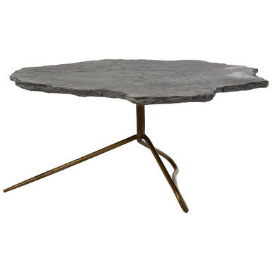 Rany grey stone antique brass coffee table, side angle