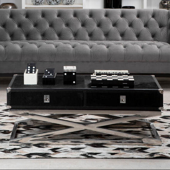 Kensington Townhouse black hair on hide 2 drawer coffee table, styled living room 1