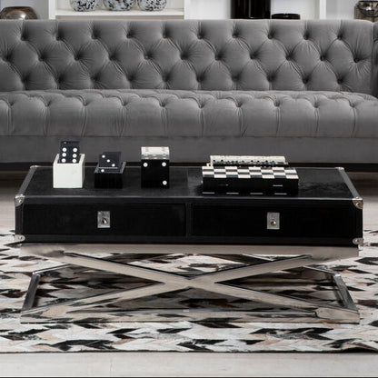 Kensington Townhouse black hair on hide 2 drawer coffee table, styled living room 1