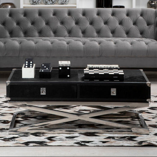 Kensington Townhouse black hair on hide 2 drawer coffee table, styled living room 1
