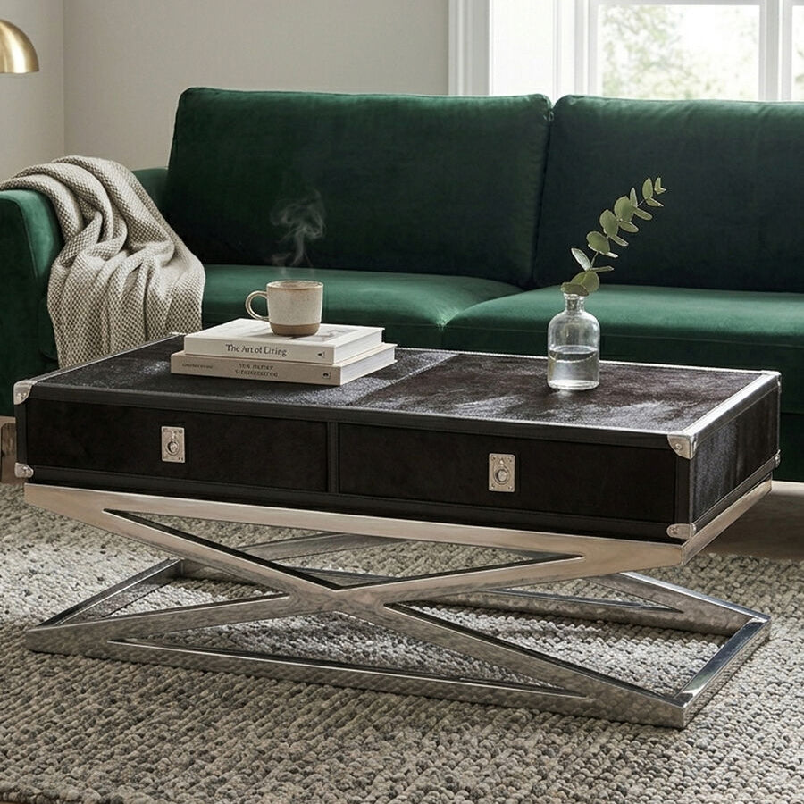 Kensington Townhouse black hair on hide 2 drawer coffee table, drawer detail