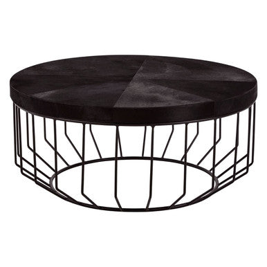 Kensington Townhouse black hair on hide round coffee table, side angle