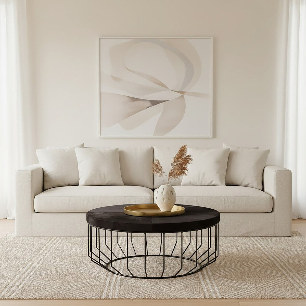 Kensington Townhouse black hair on hide round coffee table, styled living room