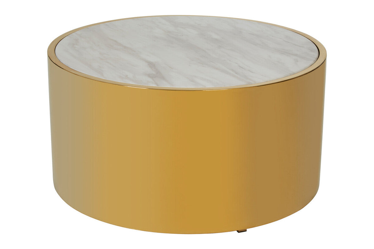 Carlox white marble effect gold round coffee table, side angle