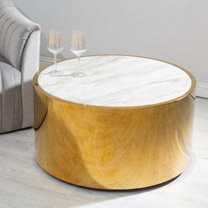 Carlox white marble effect gold round coffee table, styled living room 3