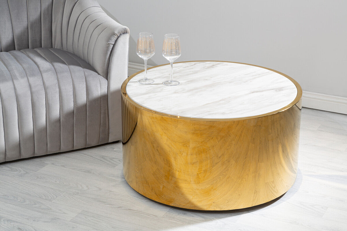 Carlox white marble effect gold round coffee table, styled living room 2