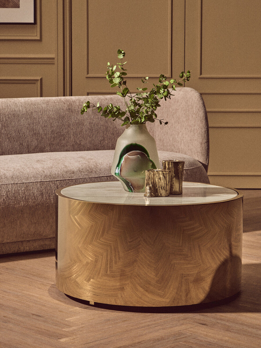 Carlox white marble effect gold round coffee table, styled living room 1