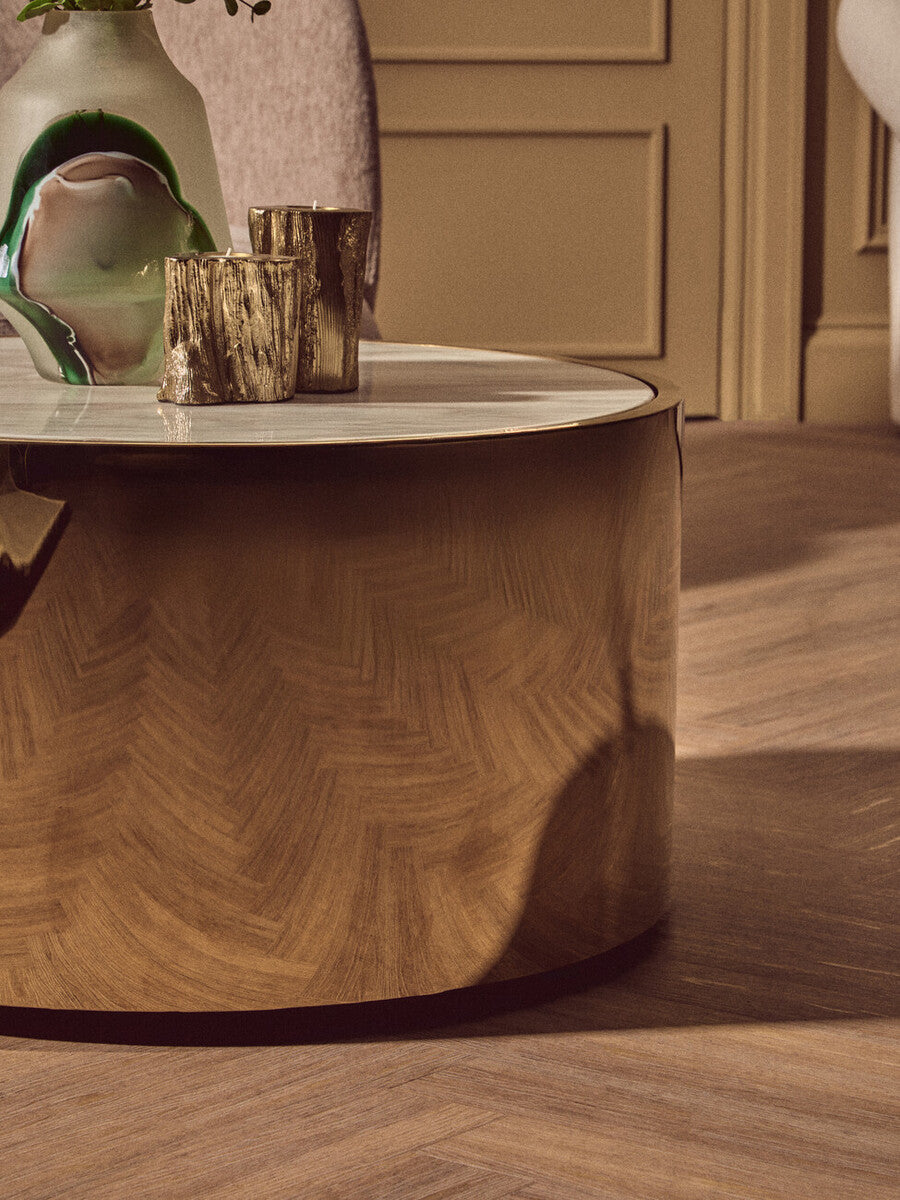 Carlox white marble effect gold round coffee table, styled living room 4