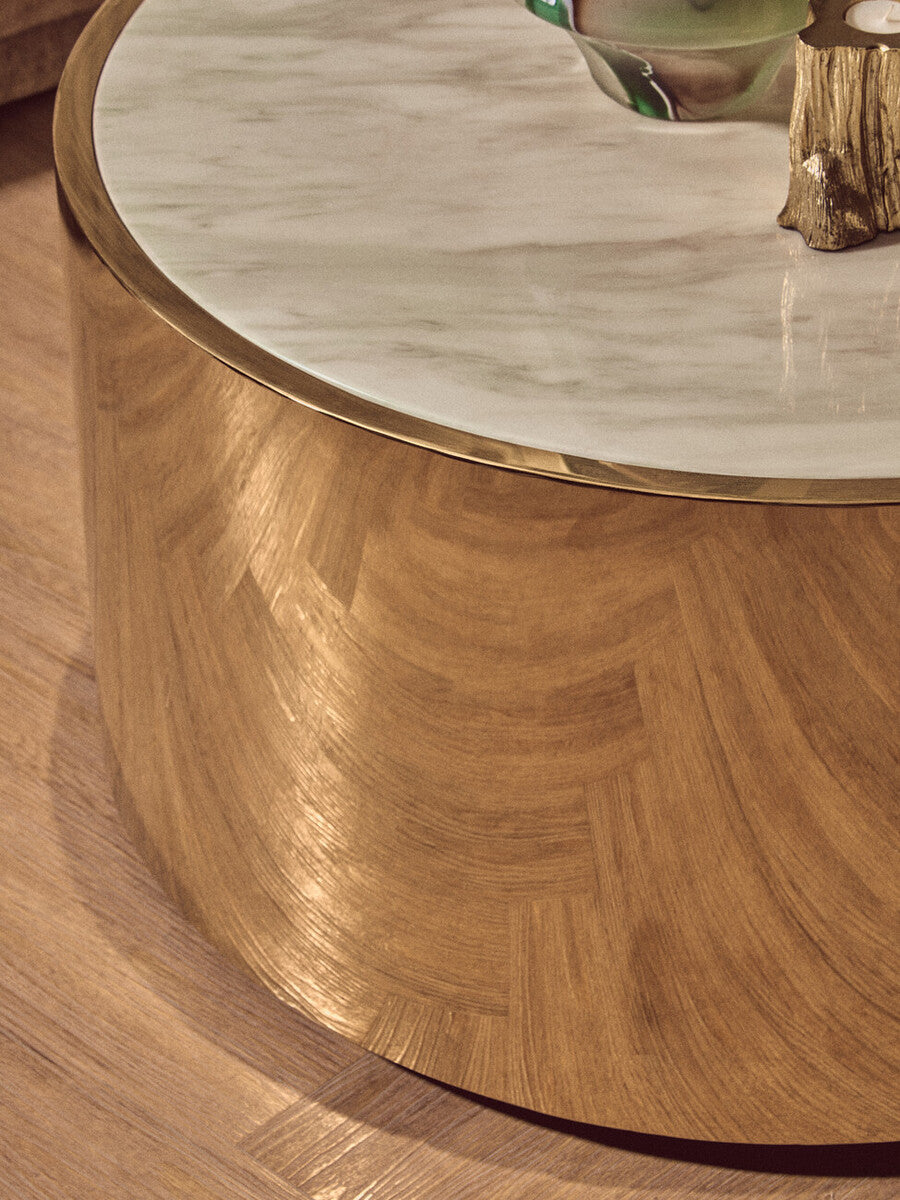 Carlox white marble effect gold round coffee table, styled living room 5