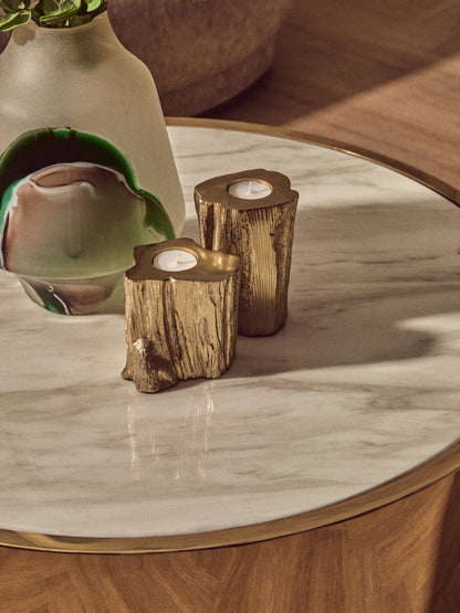 Carlox white marble effect gold round coffee table, styled living room 6