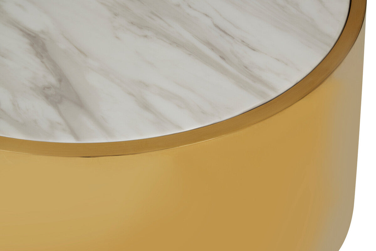 Carlox white marble effect gold round coffee table, close up view 1