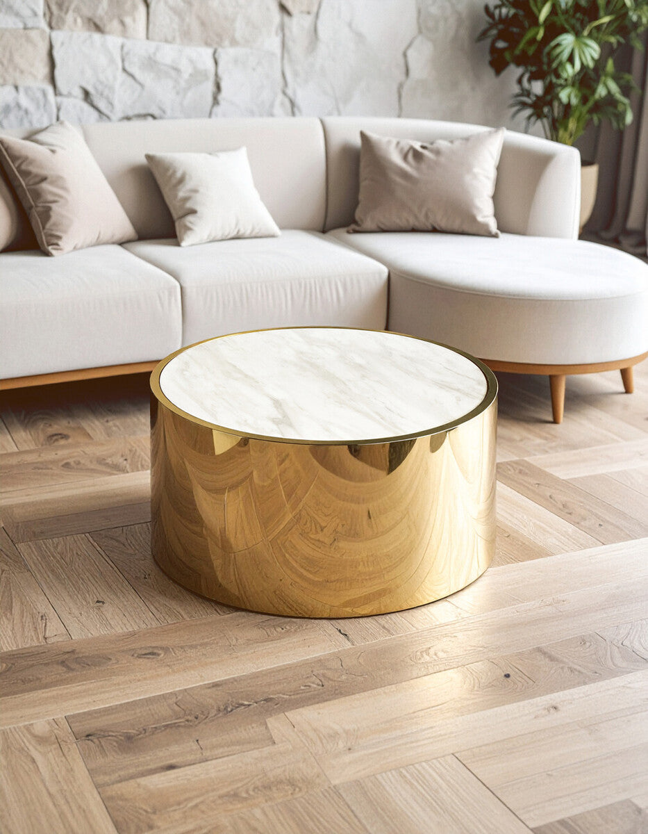 Carlox white marble effect gold round coffee table, top view