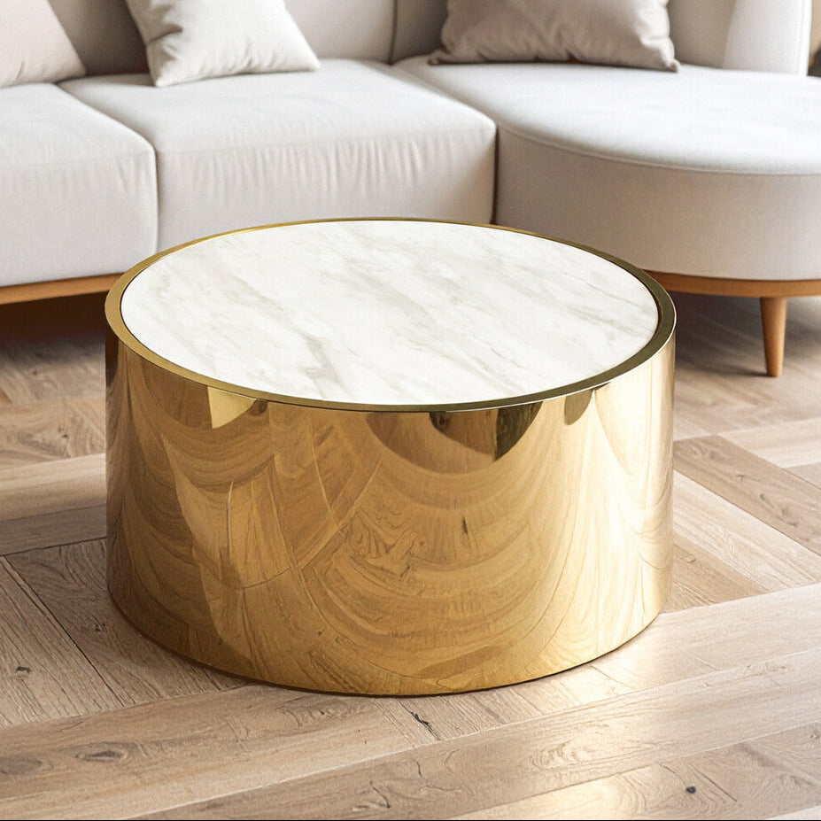 Carlox white marble effect gold round coffee table, front view