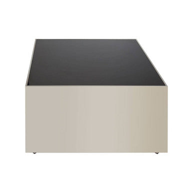 Carlox black glass chrome square coffee table, side angle