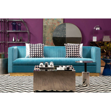 Carlox black glass chrome square coffee table, styled living room 1