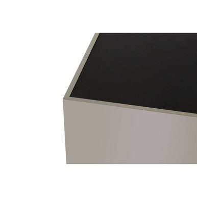 Carlox black glass chrome square coffee table, close up view 1