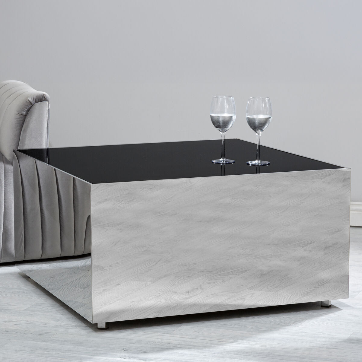 Carlox black glass chrome square coffee table, front view