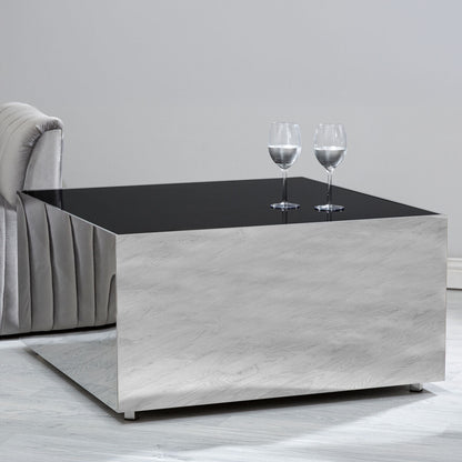 Carlox black glass chrome square coffee table, front view