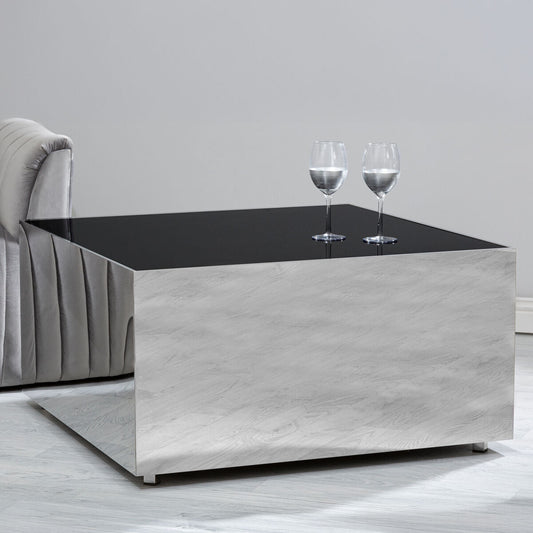 Carlox black glass chrome square coffee table, front view