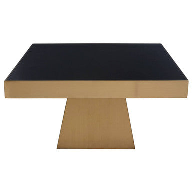 Carlox black glass gold finish square coffee table, side angle