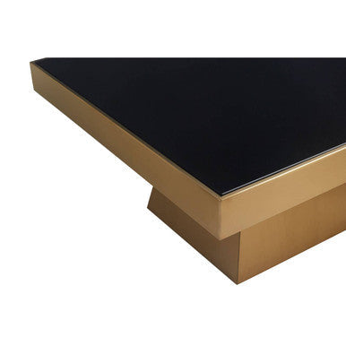 Carlox black glass gold finish square coffee table, close up view 1