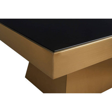 Carlox black glass gold finish square coffee table, close up view 2