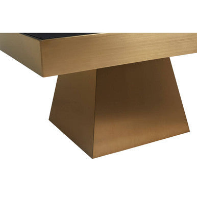 Carlox black glass gold finish square coffee table, close up view 3