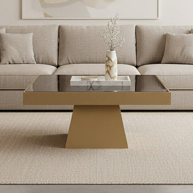 Carlox black glass gold finish square coffee table, front view