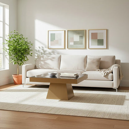 Carlox black glass gold finish square coffee table, styled living room 1