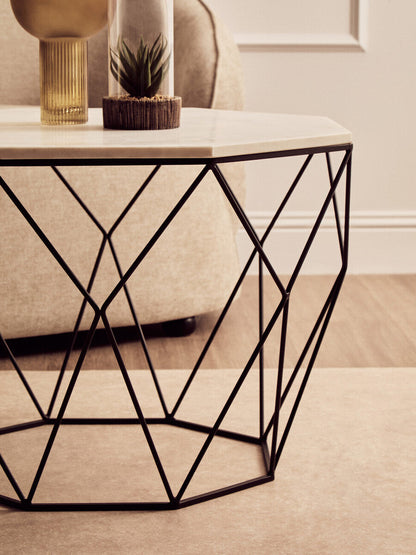 Shalimar white marble octagonal coffee table, styled living room 1