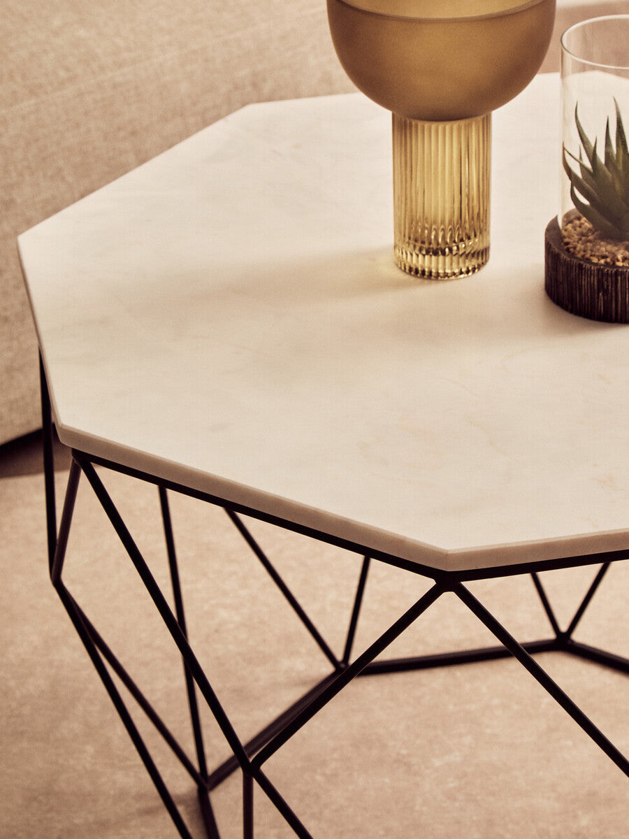 Shalimar white marble octagonal coffee table, styled living room 2