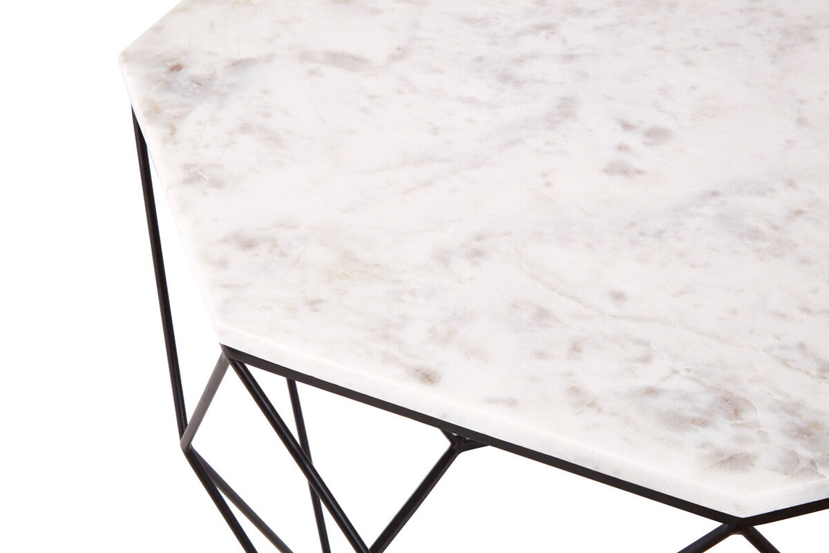 Shalimar white marble octagonal coffee table, close up view 2