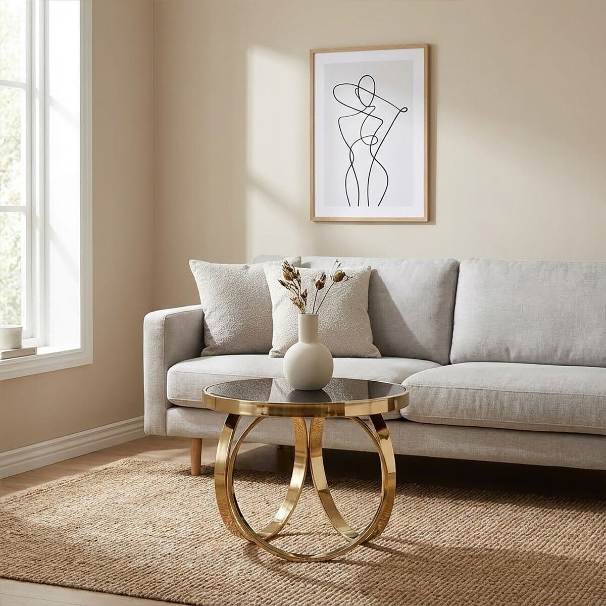 Ragusa black mirrored gold round coffee table, styled living room