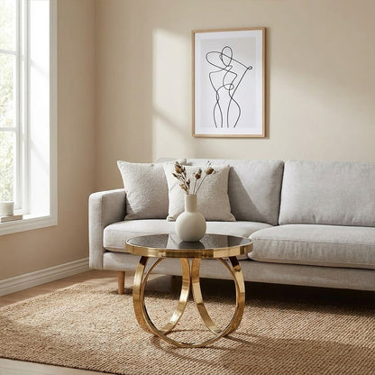 Ragusa black mirrored gold round coffee table, styled living room