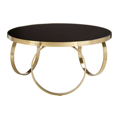 Ragusa black mirrored glass round coffee table, side angle