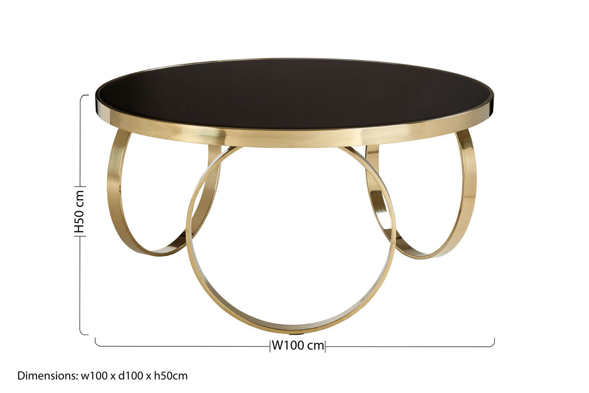 Ragusa black mirrored glass round coffee table, styled living room